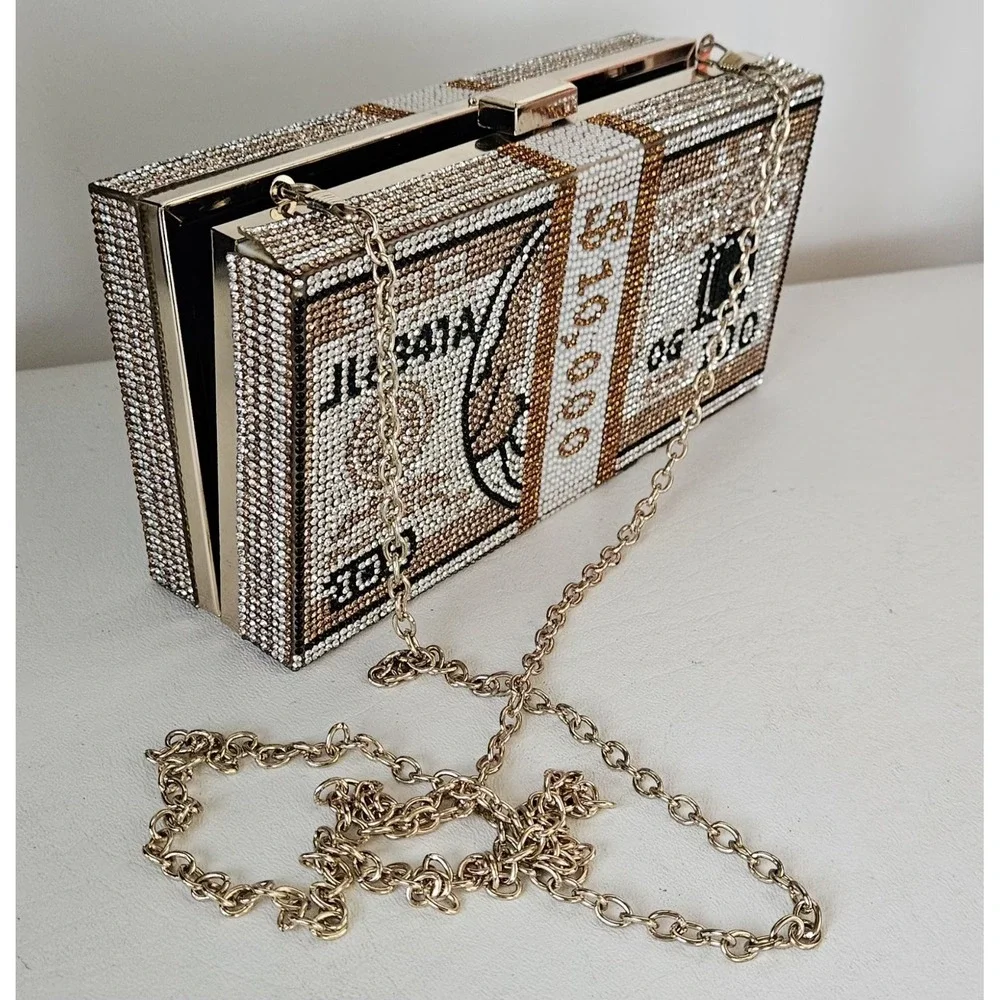 Money Stack Clear & Gold Rhinestone Clutch Bag Evening Purse